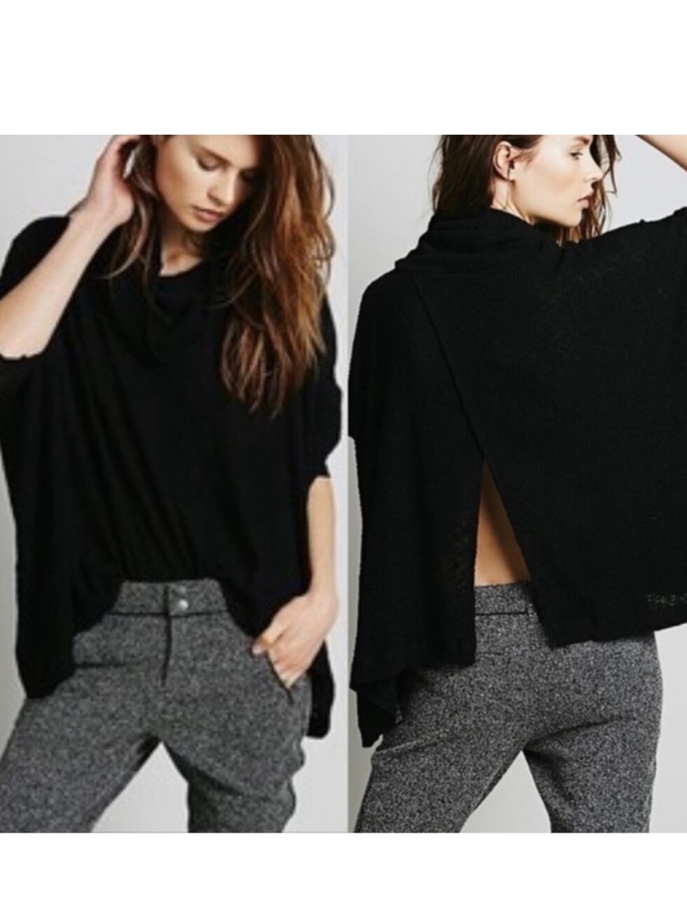 Free People Beach World Traveler Split Back Top Size Medium Cowl Neck Boho Black